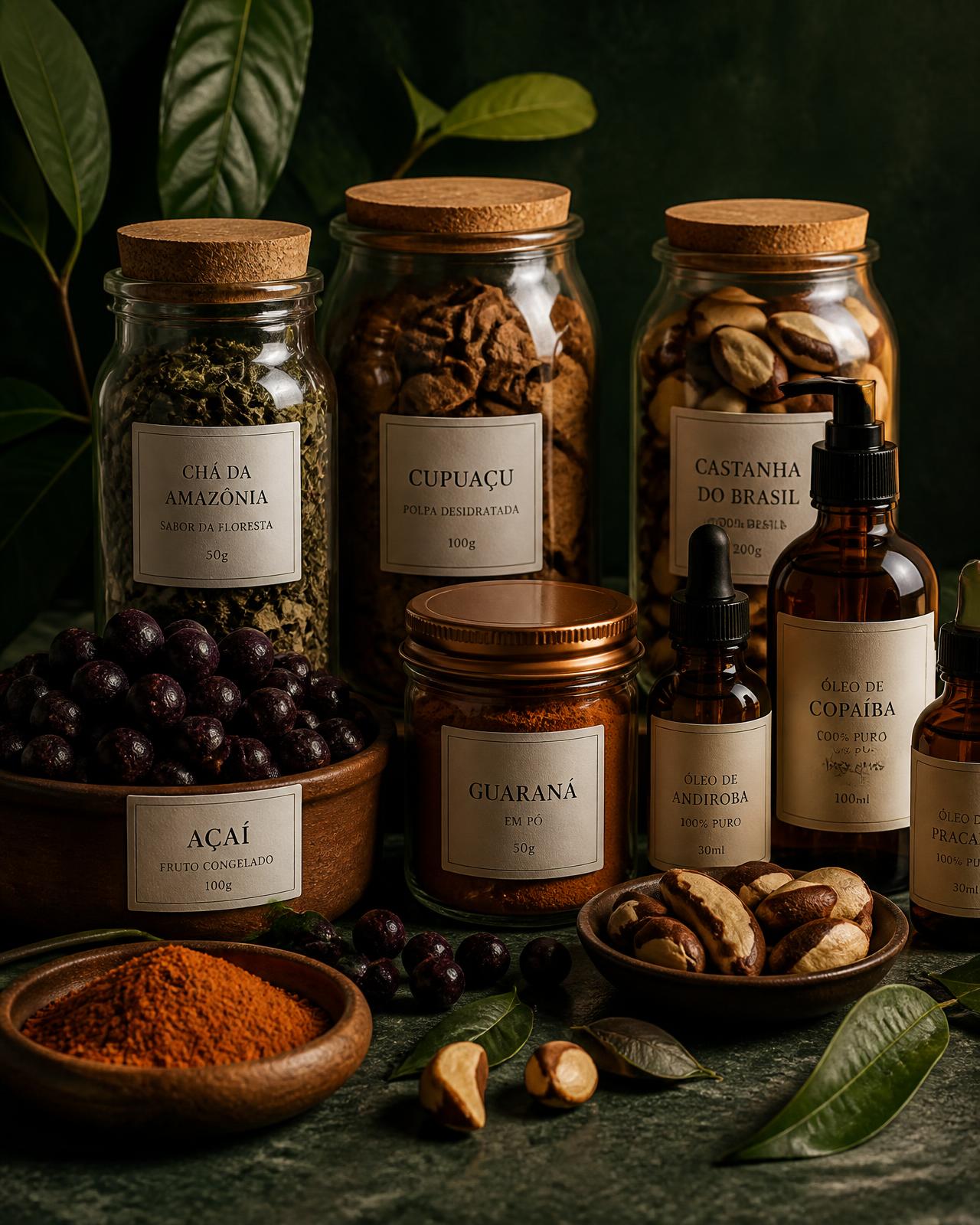 Produtos naturais amazônicos: chás, castanhas, açaí, guaraná em pó e óleos vegetais